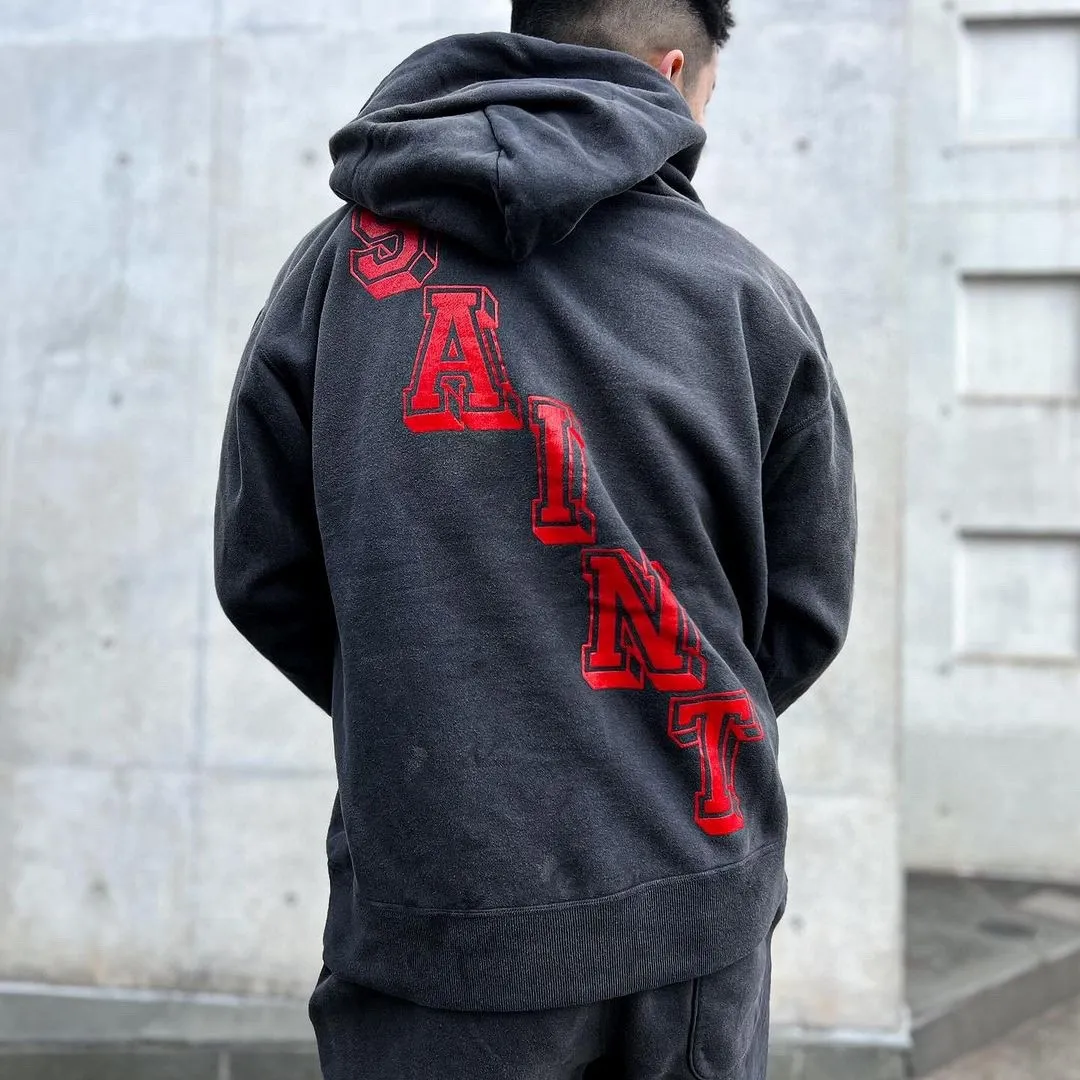 SAINT Mxxxxxx ANGEL HOODIE/BLK Angel Rebirth Crack Printed Retro Distressed Hoodie Assute dyeing, full-length spray-on fade, heavy fermentation wash, NEW VINTAGE texture, factory four-needle and six-thread workmanship, boneless patchwork, more comfortable to wear, genuine level crack print/accessories restored